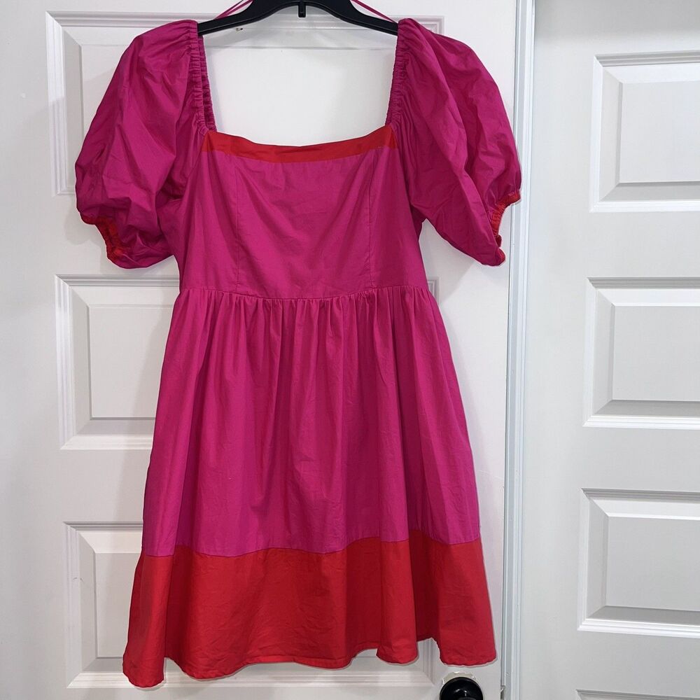 Sugarlips Womens Hot Pink Puff Sleeve Mini Dress Sz Large Lightweight Squareneck